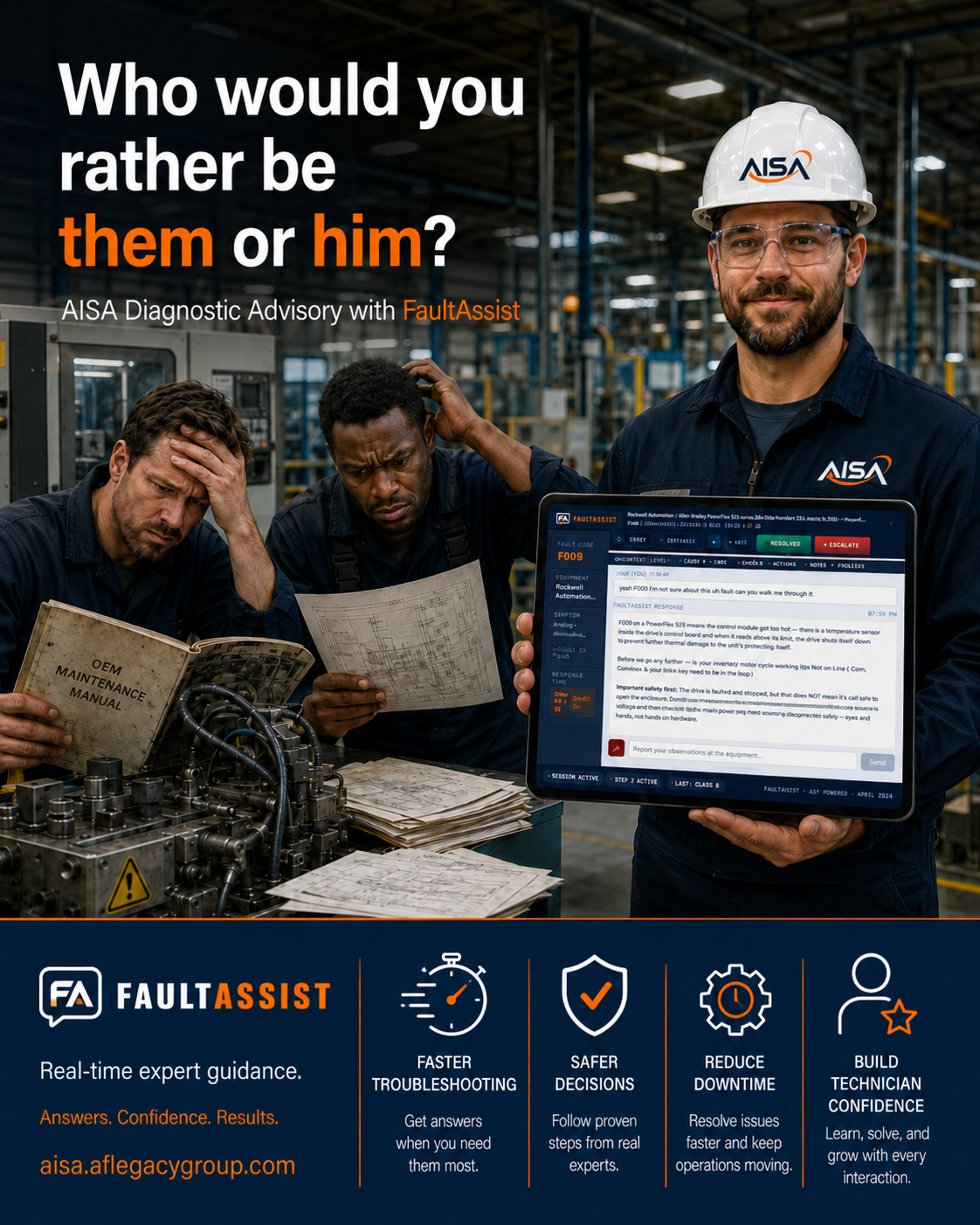AISA Diagnostic Advisory with FaultAssist — two technicians struggling with manuals and printouts beside a confident technician using FaultAssist on a tablet